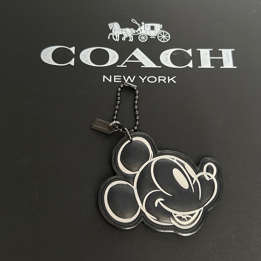 Coach x Disney Mickey Mouse Leather Fob Chain Black White Keychain Bag Charm - Picture 1 of 7
